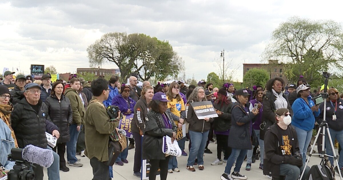 Workers rallied at Roosevelt Park for May Day with a familiar list of demands