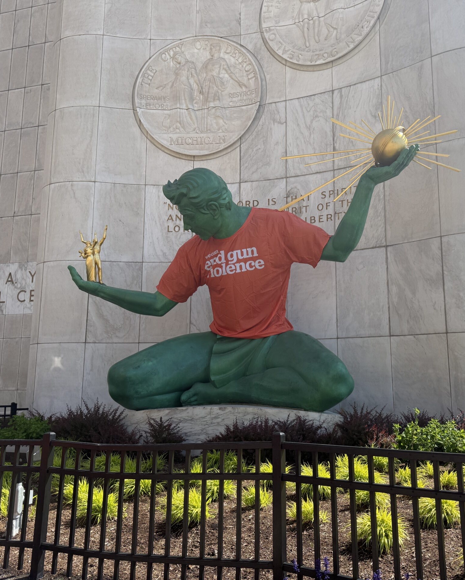 Detroit dresses Spirit of Detroit in orange to open a month of action against gun violence